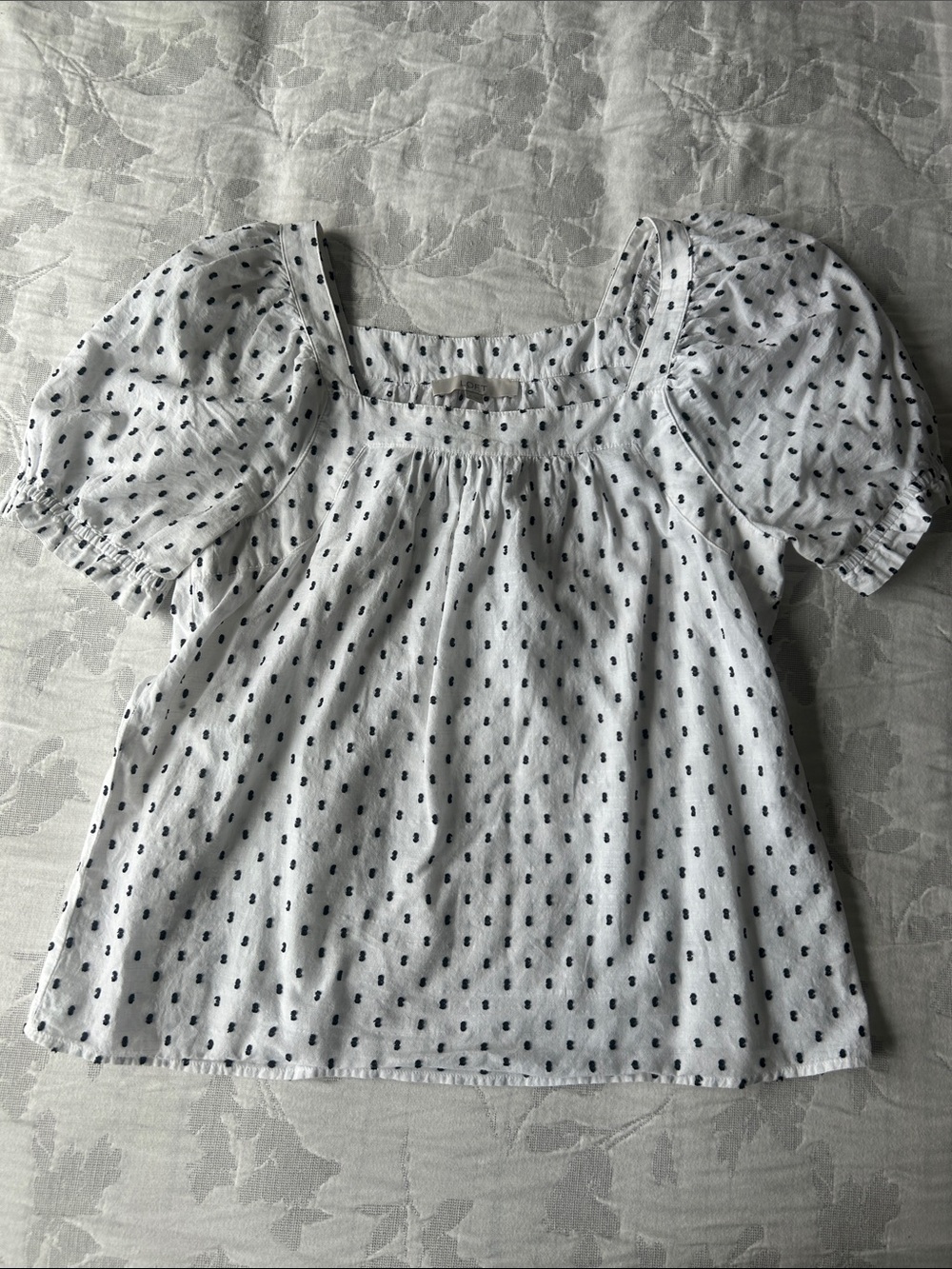 Loft Square-Neck White Puff-Sleeve Top with Black Dot Print